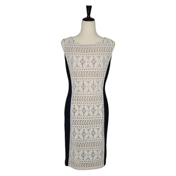 Anne Klein Navy With Ivory Lace Overlay Lined Sleeveless Sheath Dress Size 8 - Picture 1 of 6